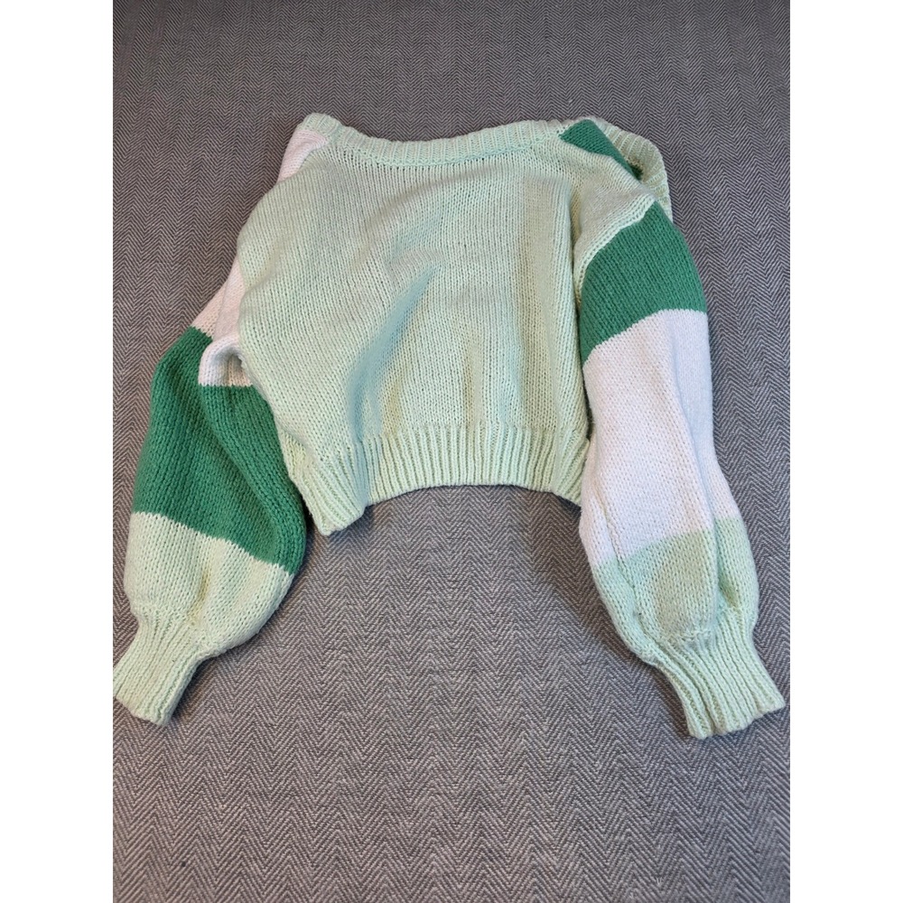 SHEIN Womens Green Colorblock Chunky Knit Cardigan Balloon Sleeve Sweater Size M - Picture 10 of 10